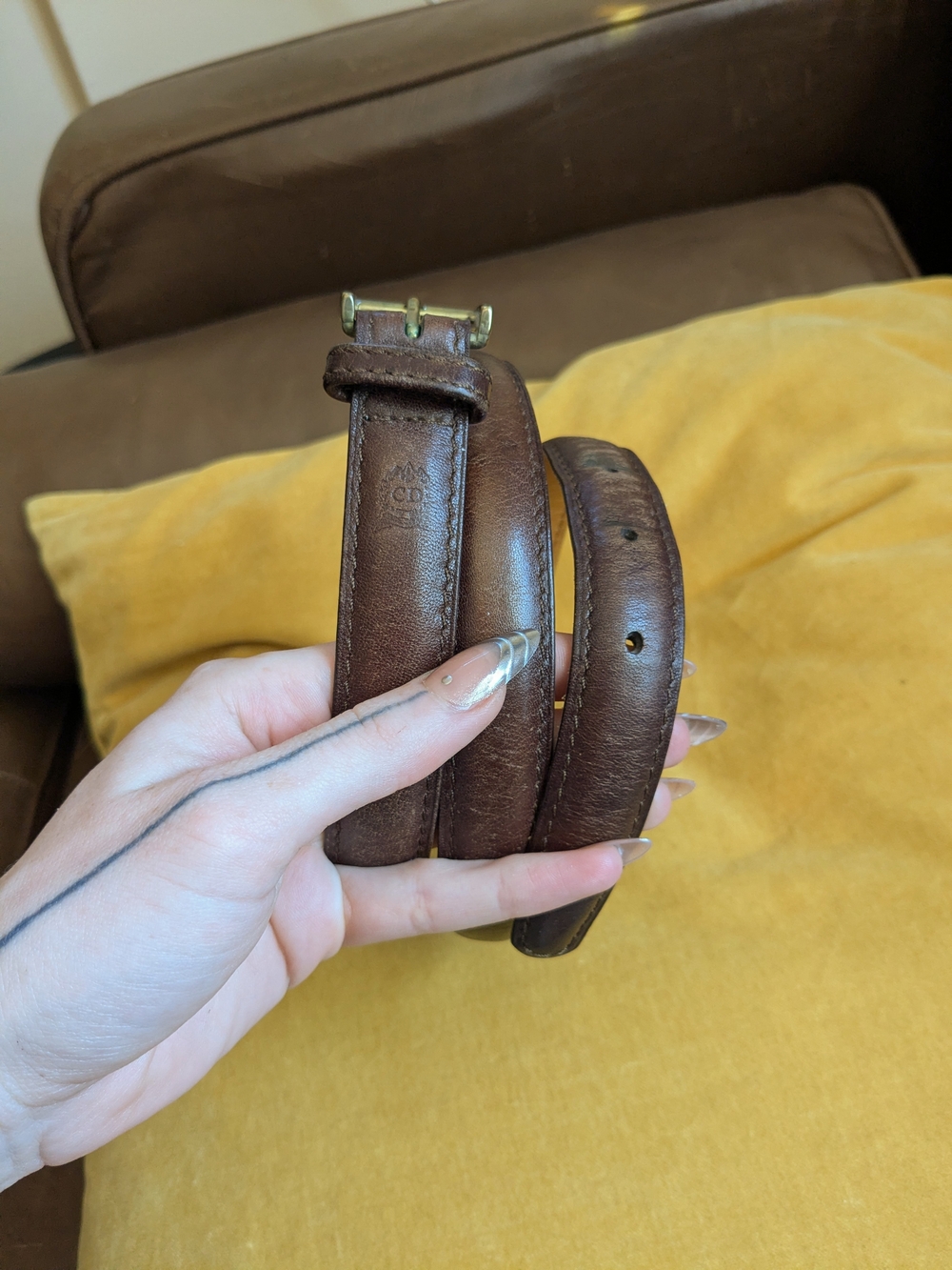 Christian Dior Thin Brown Leather Belt with Brass Buckle